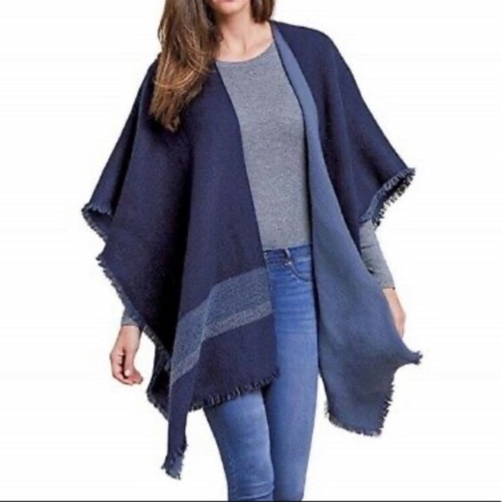 woolrich color block navy blue poncho wrap shoulder shaw